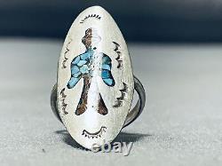 Longbird Vintage Navajo Turquoise Coral Sterling Silver Inlay Ring Old
