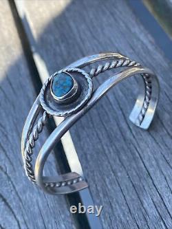Lovely Vintage Navajo Sterling Turquoise Cuff Signed Fine Details Old Pawn