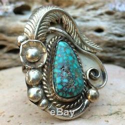 Lrg Vintage Navajo Sterling Silver Spiderweb Turquoise Ring Sz 4.5 Old Pawn Wow