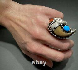 MASSIVE Vintage Navajo Sterling Silver Turquoise & Coral Claw Ring STUNNING