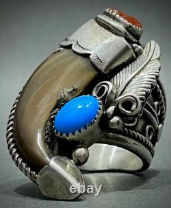MASSIVE Vintage Navajo Sterling Silver Turquoise & Coral Claw Ring STUNNING