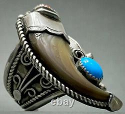 MASSIVE Vintage Navajo Sterling Silver Turquoise & Coral Claw Ring STUNNING