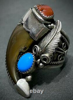 MASSIVE Vintage Navajo Sterling Silver Turquoise & Coral Claw Ring STUNNING