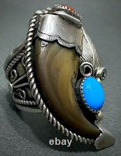 MASSIVE Vintage Navajo Sterling Silver Turquoise & Coral Claw Ring STUNNING