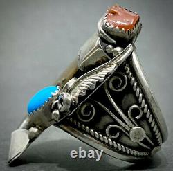 MASSIVE Vintage Navajo Sterling Silver Turquoise & Coral Claw Ring STUNNING