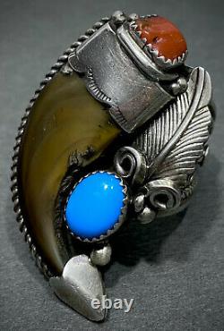 MASSIVE Vintage Navajo Sterling Silver Turquoise & Coral Claw Ring STUNNING