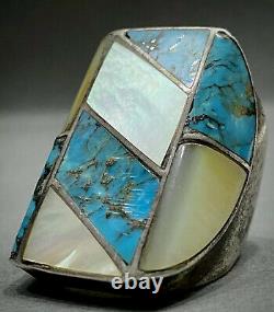 MASSIVE Vintage Navajo Sterling Silver Turquoise Multi Stone Inlay Ring 33 Grams