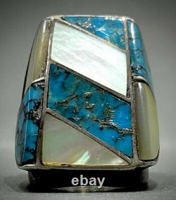 MASSIVE Vintage Navajo Sterling Silver Turquoise Multi Stone Inlay Ring 33 Grams