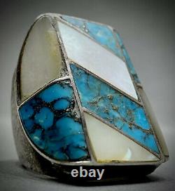 MASSIVE Vintage Navajo Sterling Silver Turquoise Multi Stone Inlay Ring 33 Grams