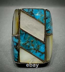 MASSIVE Vintage Navajo Sterling Silver Turquoise Multi Stone Inlay Ring 33 Grams