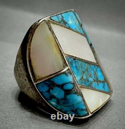 MASSIVE Vintage Navajo Sterling Silver Turquoise Multi Stone Inlay Ring 33 Grams
