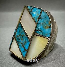 MASSIVE Vintage Navajo Sterling Silver Turquoise Multi Stone Inlay Ring 33 Grams