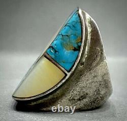 MASSIVE Vintage Navajo Sterling Silver Turquoise Multi Stone Inlay Ring 33 Grams