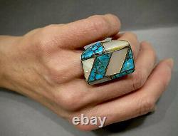 MASSIVE Vintage Navajo Sterling Silver Turquoise Multi Stone Inlay Ring 33 Grams