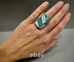 MASSIVE Vintage Navajo Sterling Silver Turquoise Multi Stone Inlay Ring 33 Grams