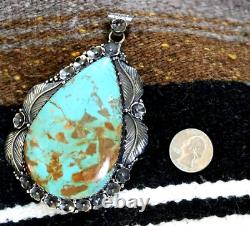 MASSIVE Vintage TURQUOISE STERLING PENDANT Southwestern Navajo squash blossom