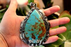 MASSIVE Vintage TURQUOISE STERLING PENDANT Southwestern Navajo squash blossom