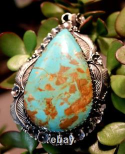 MASSIVE Vintage TURQUOISE STERLING PENDANT Southwestern Navajo squash blossom