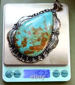 MASSIVE Vintage TURQUOISE STERLING PENDANT Southwestern Navajo squash blossom