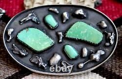 MASSIVE vintage 4-stone TURQUOISE STERLING belt buckle Navajo Southwest signed