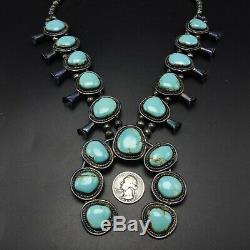 MID-CENTURY Vintage NAVAJO Sterling Silver Turquoise SQUASH BLOSSOM Necklace