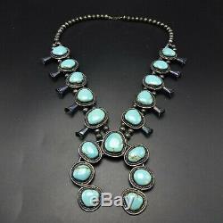 MID-CENTURY Vintage NAVAJO Sterling Silver Turquoise SQUASH BLOSSOM Necklace