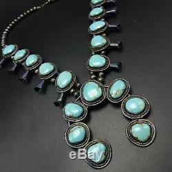 MID-CENTURY Vintage NAVAJO Sterling Silver Turquoise SQUASH BLOSSOM Necklace