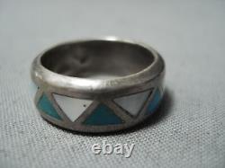 Marvelous Vintage Navajo Inlay Turquoise Sterling Silver Ring Old
