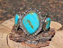 Massive Vintage Navajo Cuff Turquoise Bracelet 135 grams Leander Nez Signed Sz 7