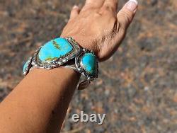 Massive Vintage Navajo Cuff Turquoise Bracelet 135 grams Leander Nez Signed Sz 7