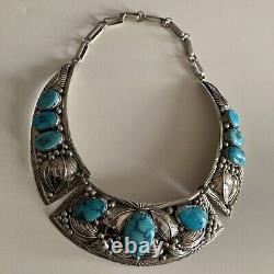 Massive Vintage Navajo Old Pawn Turquoise Sterling Silver Necklace Leafs 193gr