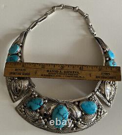 Massive Vintage Navajo Old Pawn Turquoise Sterling Silver Necklace Leafs 193gr