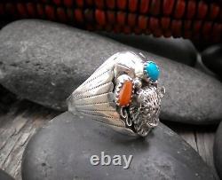 Men's Vintage Navajo Sterling Silver Coral Turquoise Buffalo Ring Size 11.75