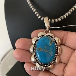 Mens Navajo Pearl Sterling Silver Blue KINGMAN Turquoise Necklace Pendant 00905