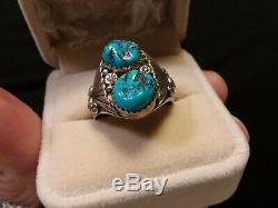 Mens Vintage Navajo Kingman Turquoise Sterling Silver Ring Size 10.5