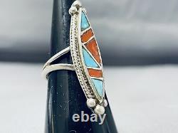 Mesmerizing Vintage Navajo Inlay Blue Gem Turquoise Coral Sterling Silver Ring