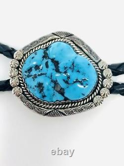 Mint Large Vintage NAVAJO Sterling Silver KINGMAN TURQUOISE YELLOWHORSE Bolo Tie