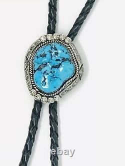 Mint Large Vintage NAVAJO Sterling Silver KINGMAN TURQUOISE YELLOWHORSE Bolo Tie