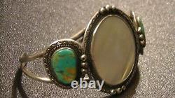 Mother Of Pearl & Blue Turquoise Navajo Sterling Silver Cuff Bracelet Jewelry