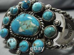 Museum Vintage Navajo Blue Gem Turquoise Coiled Sterling Silver Bracelet Old