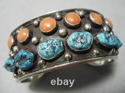 Museum Vintage Navajo Spiderweb Turquoise Coral Sterling Silver Bracelet Old