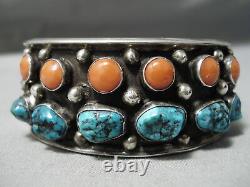 Museum Vintage Navajo Spiderweb Turquoise Coral Sterling Silver Bracelet Old