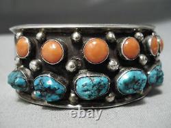 Museum Vintage Navajo Spiderweb Turquoise Coral Sterling Silver Bracelet Old