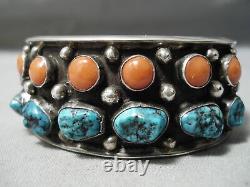 Museum Vintage Navajo Spiderweb Turquoise Coral Sterling Silver Bracelet Old