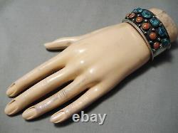 Museum Vintage Navajo Spiderweb Turquoise Coral Sterling Silver Bracelet Old