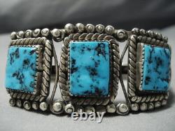 Museum Vintage Navajo Squared Turquoise Sterling Silver Cuff Bracelet Old