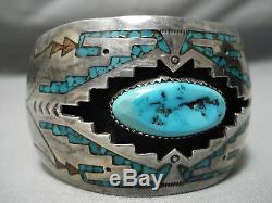 Museum Vintage Navajo Turquoise Coral Inlay Sterling Silver Bracelet Old