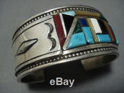 Museum Vintage Navajo Turquoise Coral Sterling Silver Inlay Bracelet Old