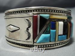 Museum Vintage Navajo Turquoise Coral Sterling Silver Inlay Bracelet Old