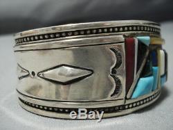 Museum Vintage Navajo Turquoise Coral Sterling Silver Inlay Bracelet Old